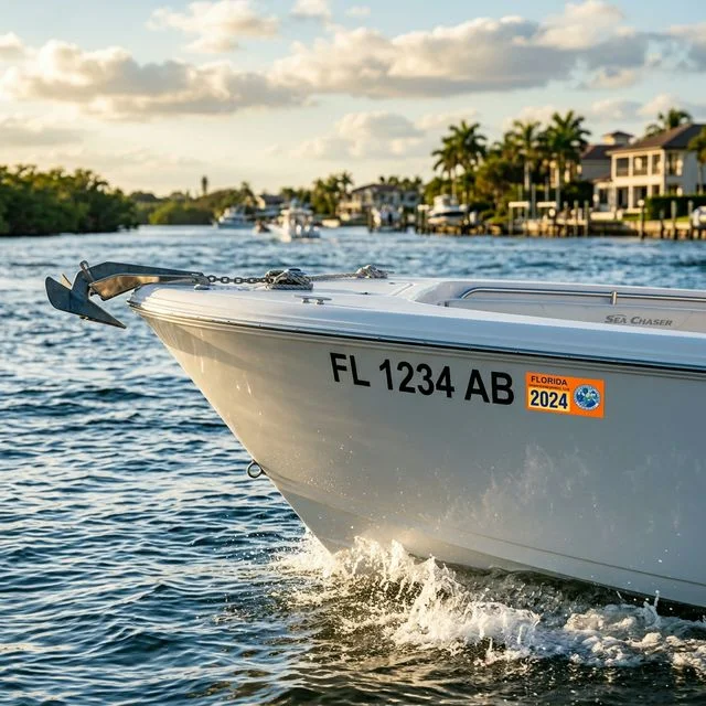 Boat bow displaying correctly formatted registration numbers and a brightly colored validation sticker