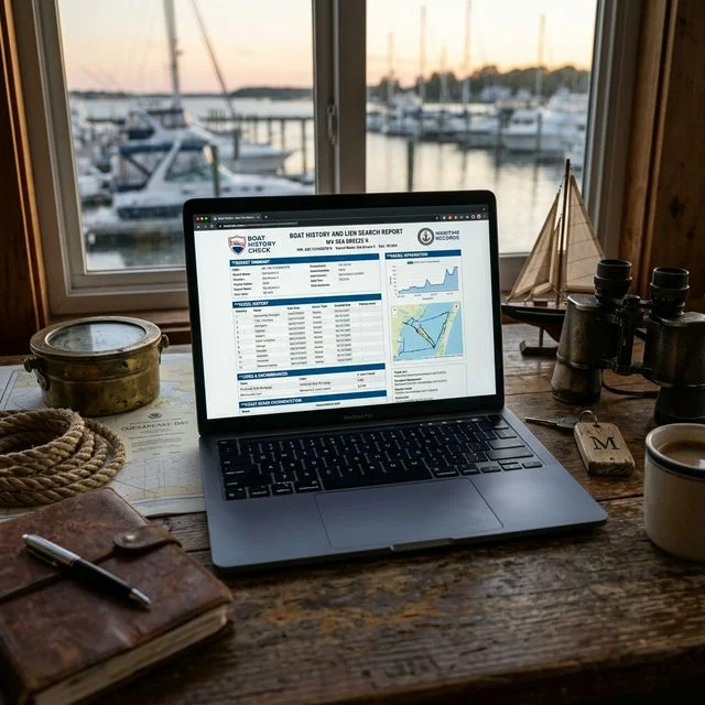 Laptop screen displaying a detailed boat history and lien search report