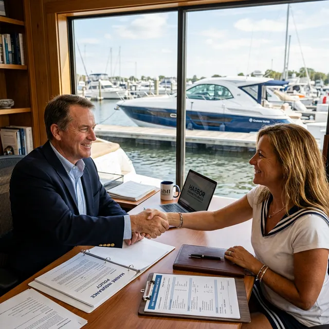 Boat owner and insurance agent shaking hands at marina office