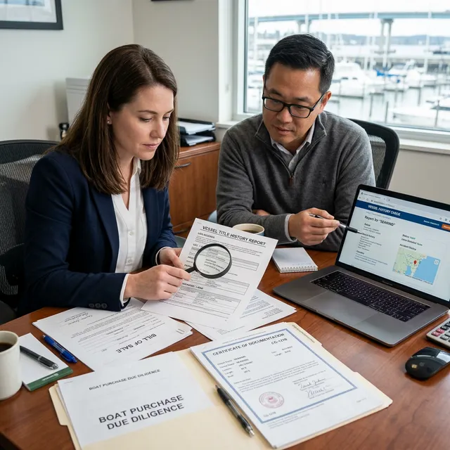 Two people examining vessel title history report with magnifying glass