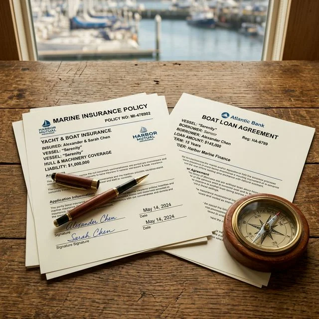 Close-up of marine insurance policy documents and a boat loan agreement on a wooden desk