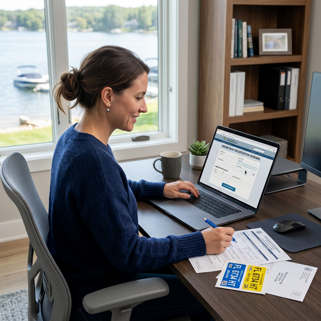 Woman renewing boat registration online from home office