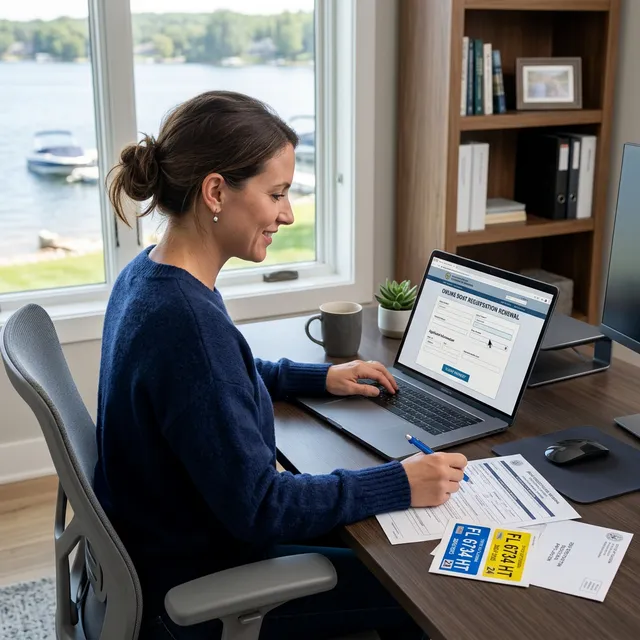 Woman renewing boat registration online from home office