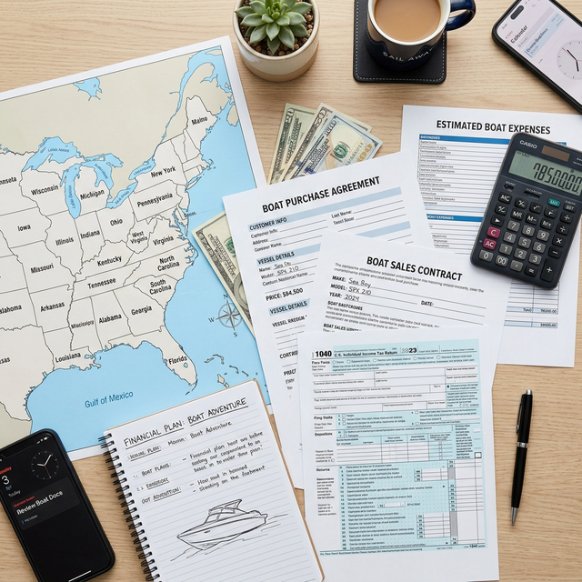 Boat purchase documents with US map calculator and tax forms on desk