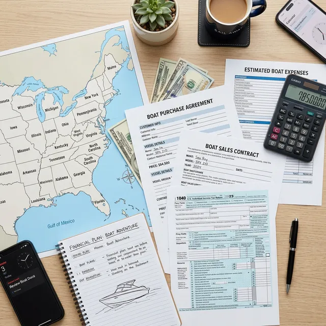 Boat purchase documents with US map calculator and tax forms on desk