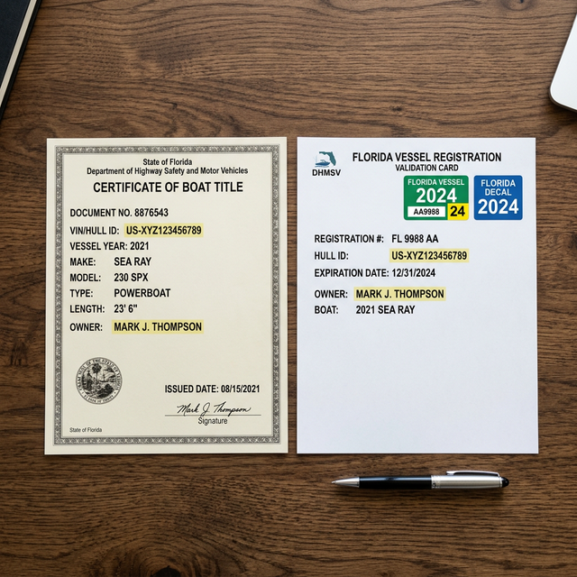 Boat title certificate and registration card side by side on desk