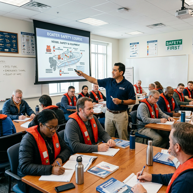 Boater safety course classroom with instructor teaching vessel safety
