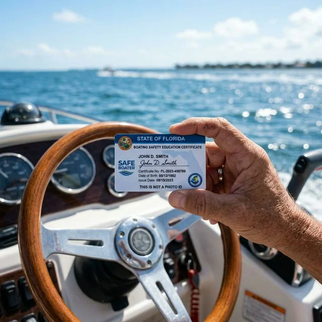 Close-up of a state boating safety education certificate card held by a boater near the steering wheel