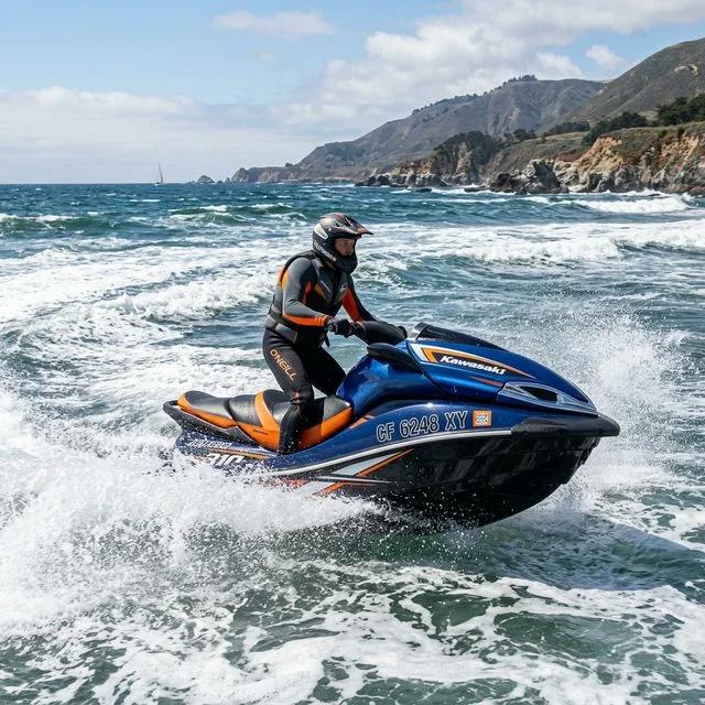 Personal watercraft (jet ski) displaying California CF numbers on the bow, riding on Pacific Ocean waves