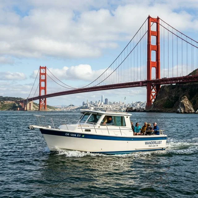 Boat with out-of-state registration numbers cruising near the Golden Gate Bridge in California