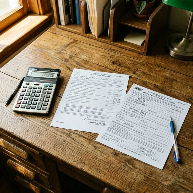 Calculator and a California Board of Equalization tax form next to a boat registration application on a wooden desk