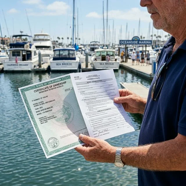 Person holding a California Certificate of Ownership (boat title) and a DMV REG 256 Statement of Facts form at a sunny California marina