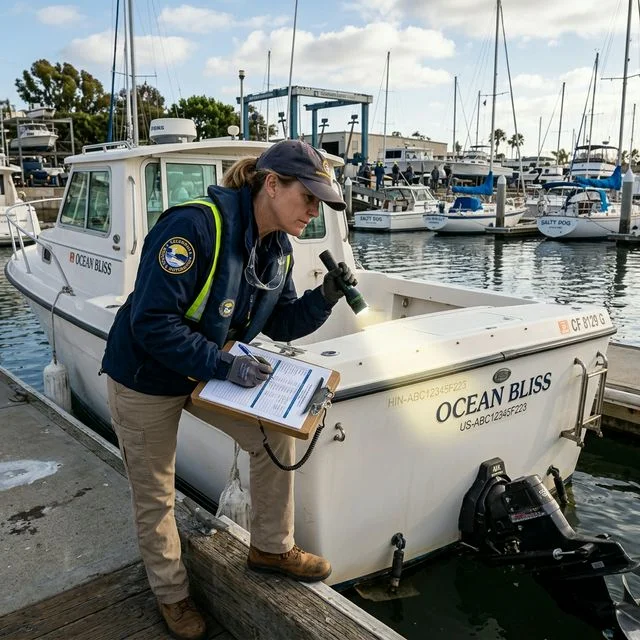 Inspector examining a boat hull identification number (HIN) with a clipboard and flashlight in a California boatyard
