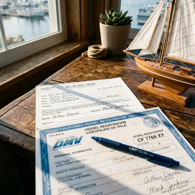 Close-up of boat registration documents and hull identification number on a vessel transom