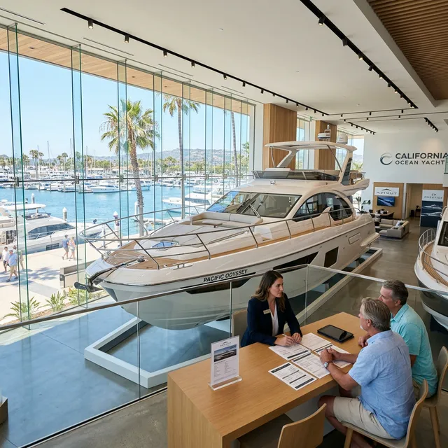 A boat docked at a California harbor with financial documents and a calculator on the dock