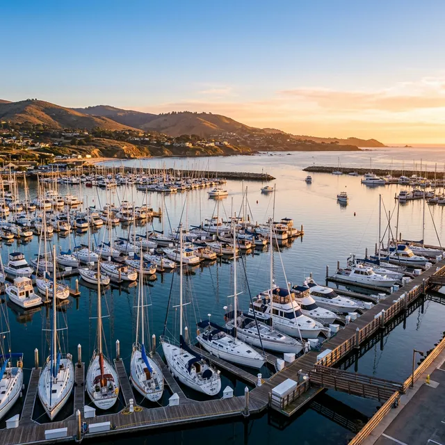 California marina with boats docked in a harbor along the coast