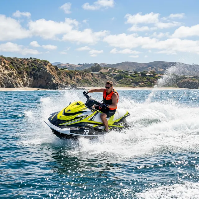 A person riding a jet ski on sparkling blue California ocean water with spray and wake behind