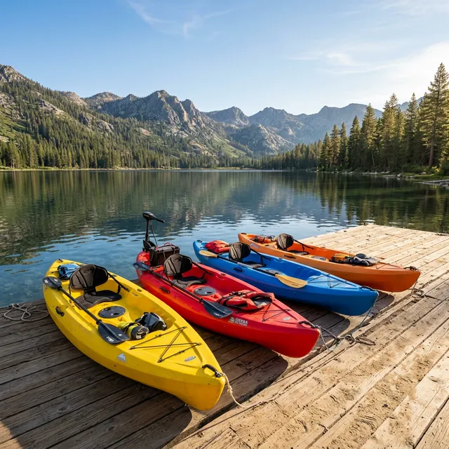 Colorful kayaks lined up on a sandy shore at a calm California lake surrounded by pine trees