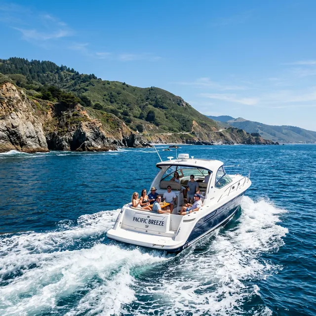Boats sailing along the coast of California with Pacific Ocean blue water and cliffs