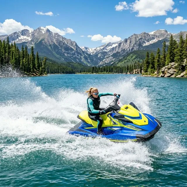 Two jet skis racing across a Colorado mountain reservoir with snow-capped Rocky Mountain peaks and pine forests in background