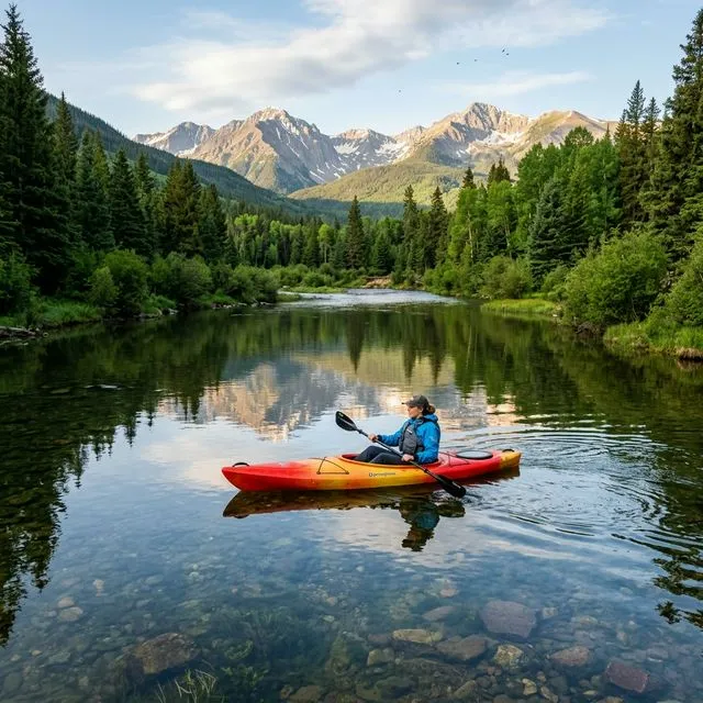 Colorful kayaks and canoes lined up at a Colorado mountain lake shoreline with some featuring trolling motors, pine trees and Rocky Mountain peaks in background