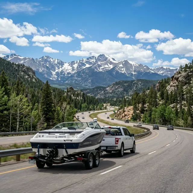 Boat being launched at a Colorado reservoir boat ramp with a CPW officer conducting a mandatory AIS inspection at an inspection station with mountain backdrop