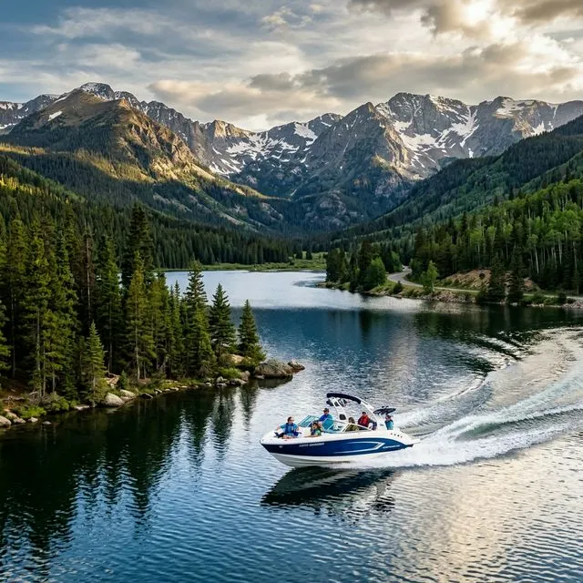Motorboat with Colorado registration number docked at an alpine mountain lake at golden hour with snow-capped Rocky Mountains in background