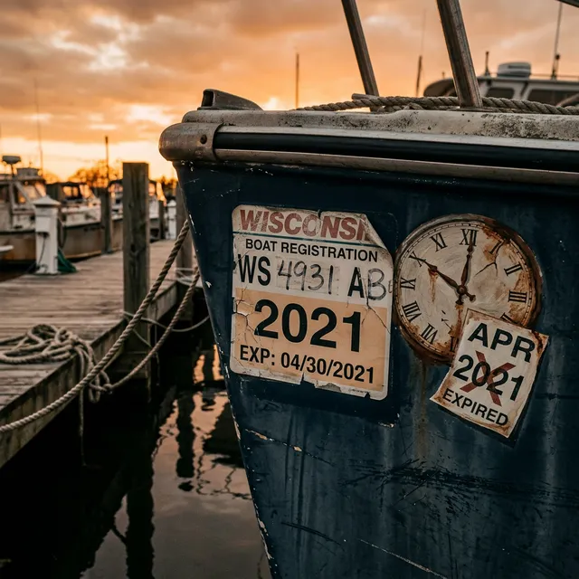Expired boat registration decal on vessel hull with calendar
