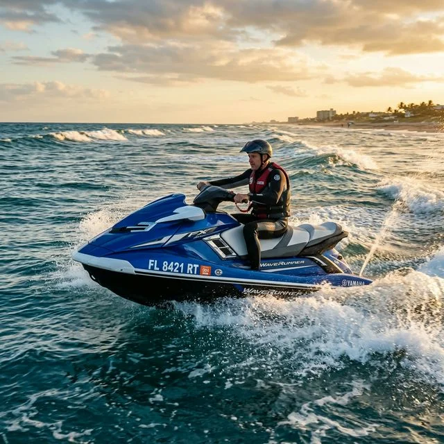 Jet ski displaying Florida registration numbers on the bow riding on ocean waves