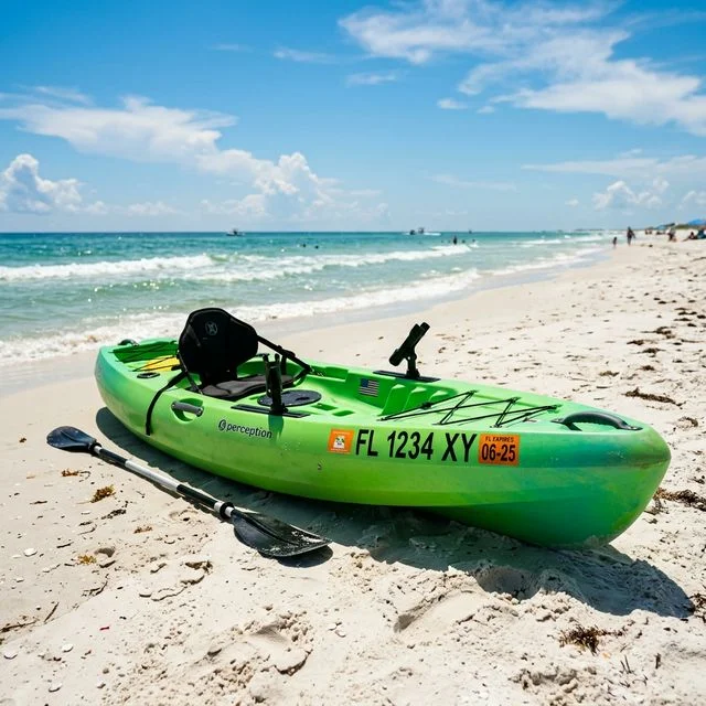 Bright colored kayak with a clear Florida registration decal on the bow on a sandy beach