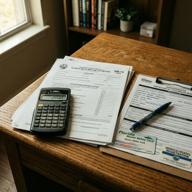 Calculator and Florida Department of Revenue tax forms next to a boat registration application on a desk