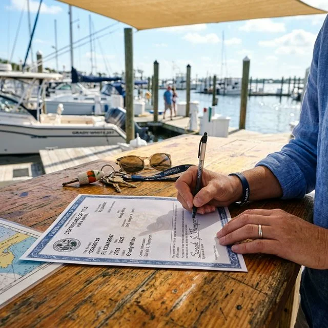 Close-up of a Florida boat title being signed on a wooden marina desk