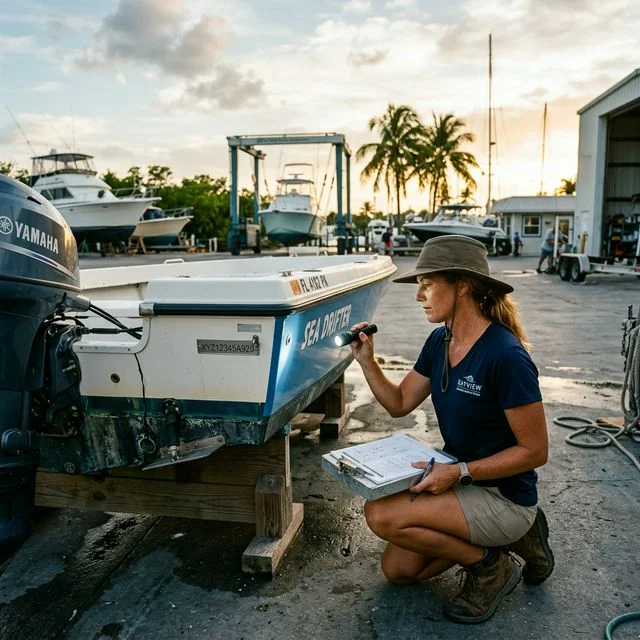 Person inspecting a boat hull identification number (HIN) with a clipboard and flashlight