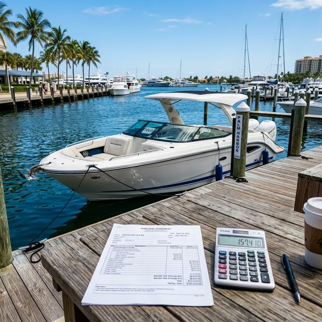 Motorboat at a Florida marina with a purchase agreement and calculator on the dock