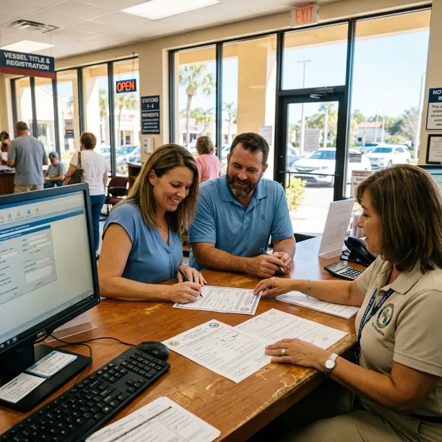 Couple completing boat title transfer paperwork at a Florida County Tax Collector office