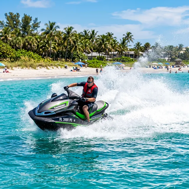 Person riding a jet ski in Florida waters wearing a life jacket with palm trees on the shore