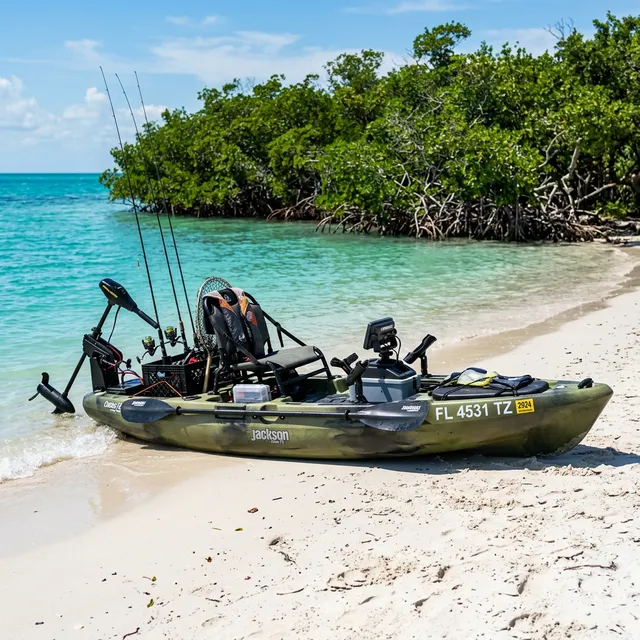 Fishing kayak with registration numbers and trolling motor on a Florida beach with mangroves