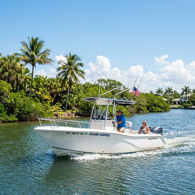 Motorboat with out-of-state registration numbers cruising through a Florida Intracoastal Waterway
