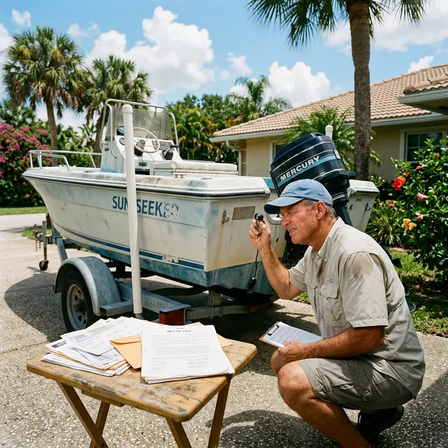 Man examining a boat hull identification number on an older boat in a Florida driveway with paperwork on the table