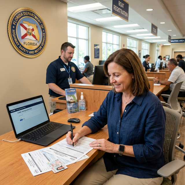 Boat owner completing registration paperwork at DMV office