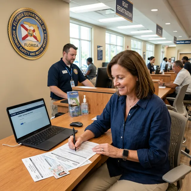 Boat owner completing registration paperwork at DMV office