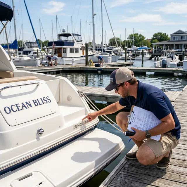 Buyer inspecting hull identification number on pre-owned boat at marina
