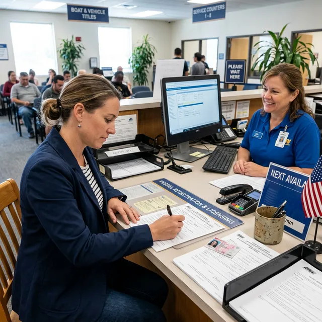 Boat registration documents and replacement application form on desk