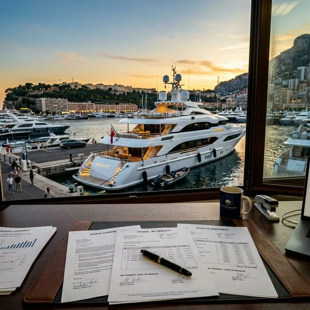 Luxury yacht docked viewed from a marina office window with financial documents and a pen on the desk