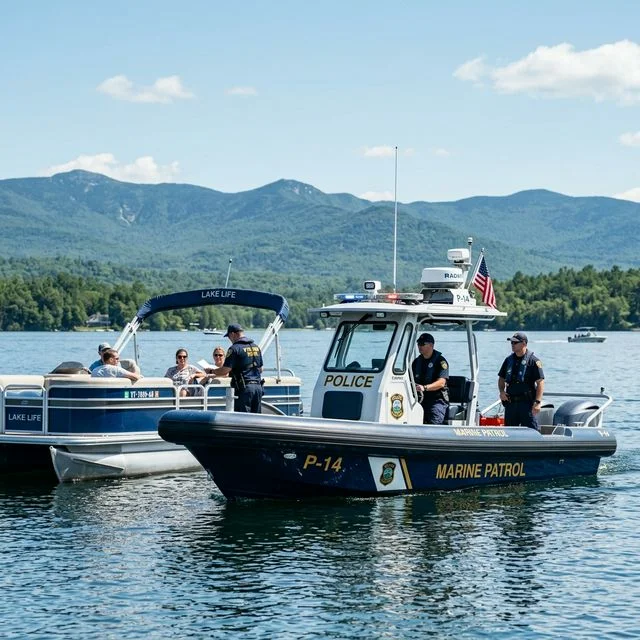 Marine patrol police boat on the water emphasizing the importance of legal registration