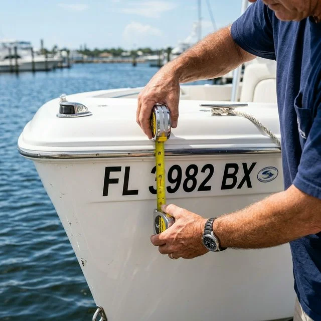 Person using a tape measure to ensure boat registration numbers are at least 3 inches high
