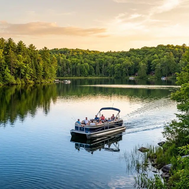 Pontoon boat cruising on a calm Michigan lake surrounded by forest at golden hour