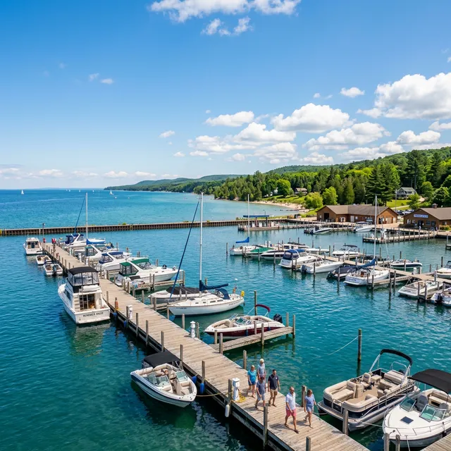 Boats docked at a scenic marina on the Great Lakes in Michigan during summer