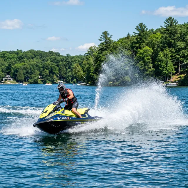 Jet ski riding on a sunlit Michigan lake creating a spray of water with green trees in background