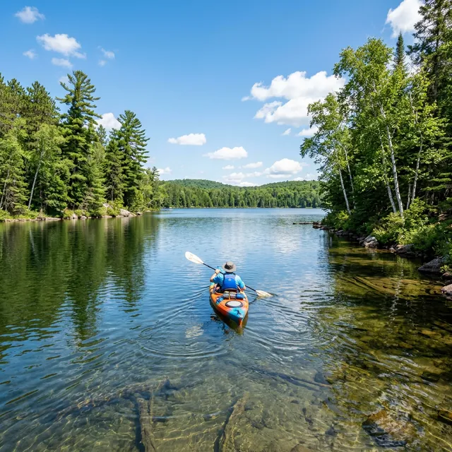 Kayaker paddling on a crystal-clear Michigan inland lake surrounded by pine and birch trees